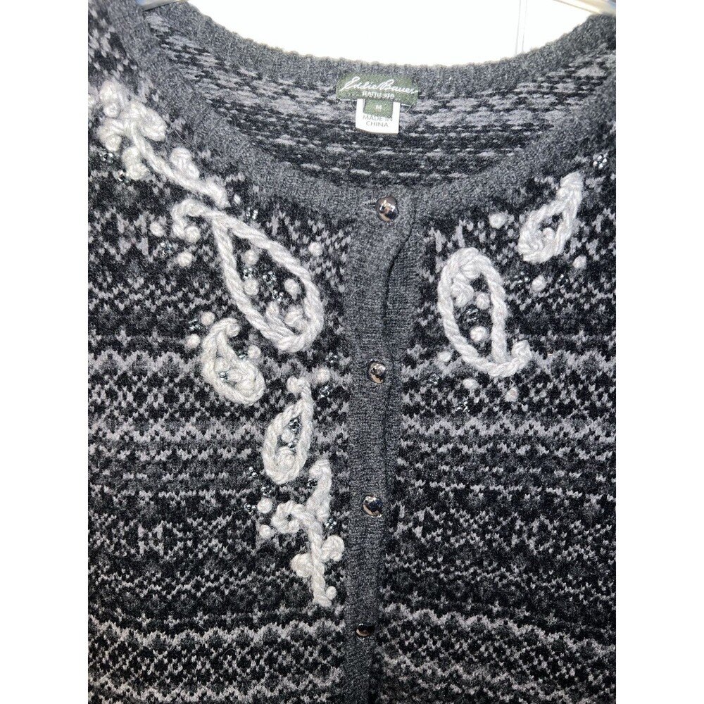 Eddie Bauer Sweater Womens M Cardigan Grey Nordic Embroidered Lambswool Button - Picture 3 of 10